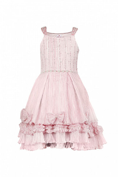 Pink sequin and pearl embellished pleated dress