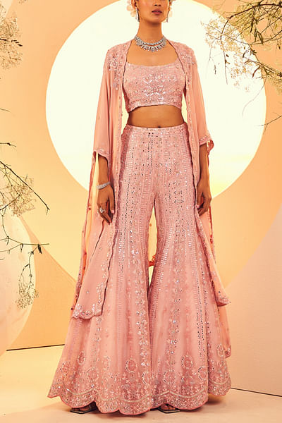 Pink sequin and thread embroidered sharara set