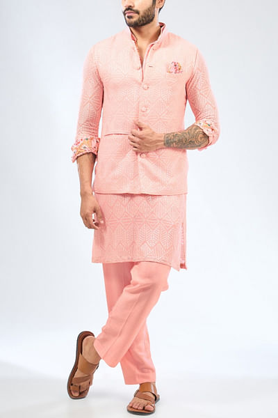 Pink sequin embroidered bundi and kurta set