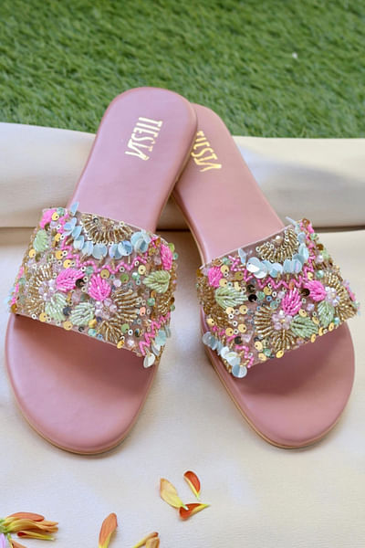 Pink sequin embroidered flats