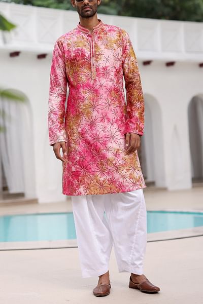 Pink sequin embroidery tie-dye kurta set