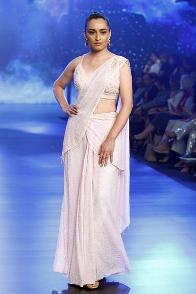 Pink sequins embroidered pre-draped sari set