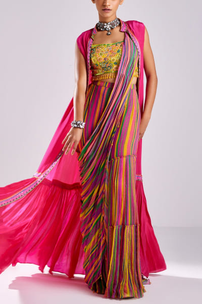 DiyaRajvvir Pink stripe printed embroidery gharara sari set DIYJUN24D617