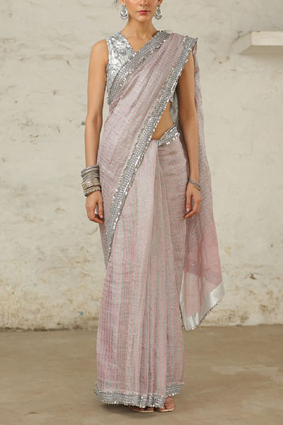 Pink stripe woven embroidered sari set