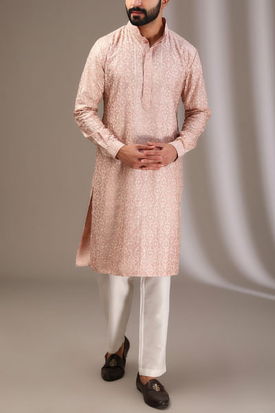 Pink thread embroidered kurta set