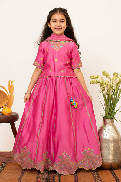 Pink thread embroidery lehenga set