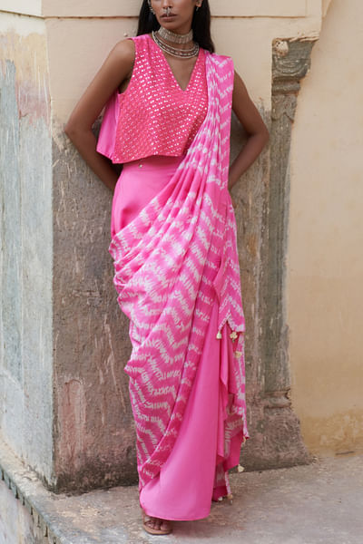 Pink tie & dye mekhla sari set