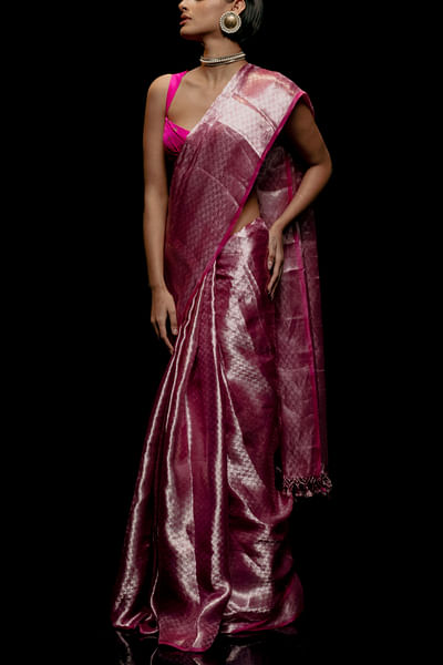 Pink triangle banarasi kadhwa sari set
