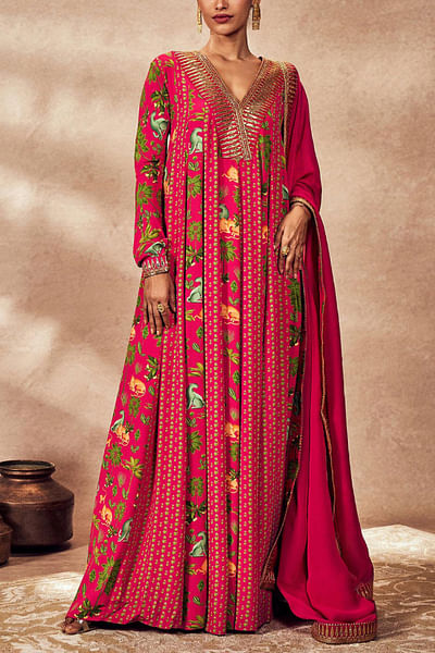 Pink tropical printed anarkali set