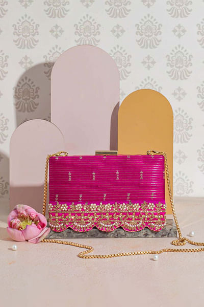 Pink woven embroidered box clutch