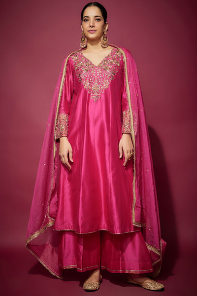Pink zardozi embroidered A-line kurta set