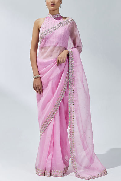 Pink zardozi embroidered sari set