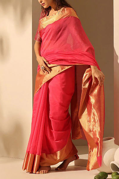 Pink zari handwoven sari