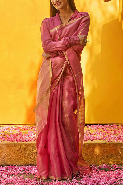 Pink zari handwoven sari set