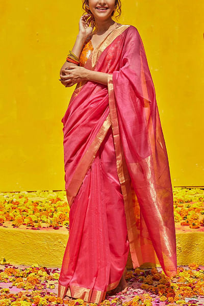Pink zari woven sari set