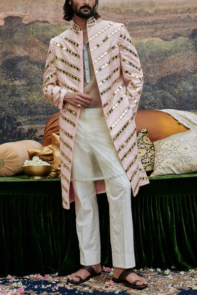 Pink zig-zag gota and mirror work sherwani set