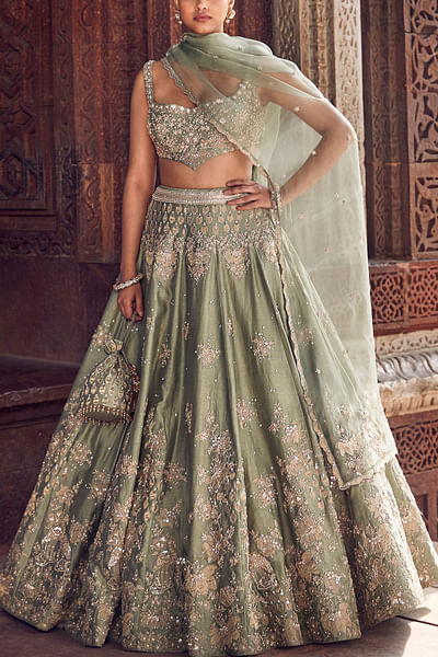 Pista floral appliqued lehenga set