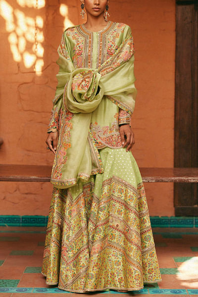 Pista green chevron embroidered sharara set