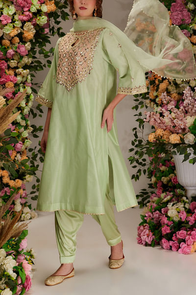 Pista green floral embroidered kurta set