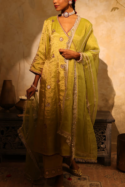 Pista green gota embroidered angrakha set