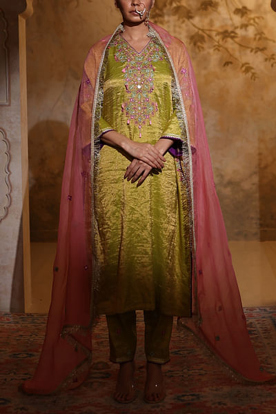 Pista green mirror embroidered kurta set
