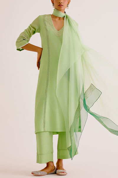 Pistachio green dori embroidery lace kurta set