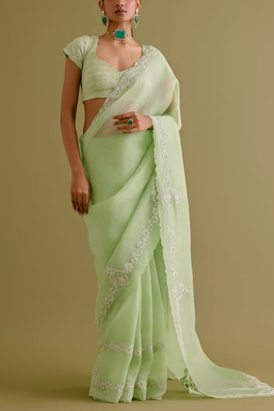 Devnaagri Pistachio green floral dori embroidery sari set DEVSEP24D224