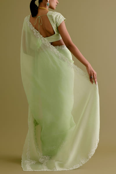 Devnaagri Pistachio green floral dori embroidery sari set DEVSEP24D224