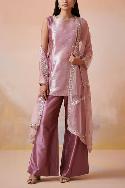 Plum and pink mirror work short kurta set
