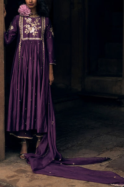 Plum bird embroidered anarkali set