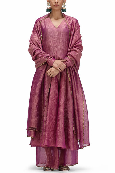 Plum crushed tissue woven kurta set
