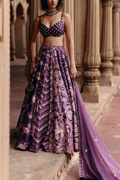 Plum floral and leheriya printed lehenga set