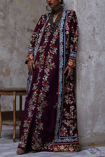 Plum floral embroidered jacket set