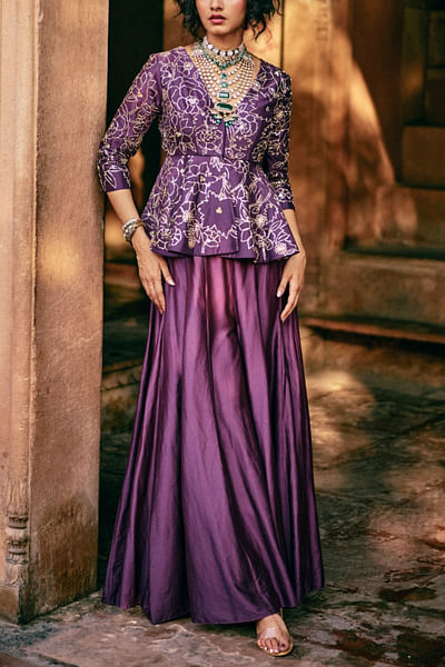 Plum floral embroidered peplum and palazzo