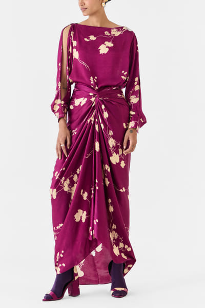 Studio Rigu Plum floral printed draped shirt dress STUDEC24D12256
