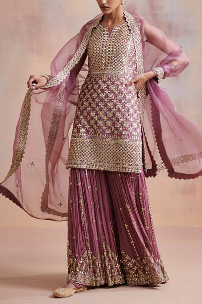 Plum mirror embroidered gharara set