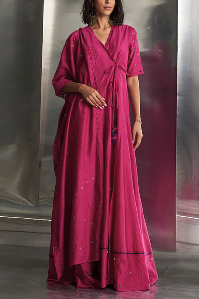 Pop pink embellished angrakha anarkali set