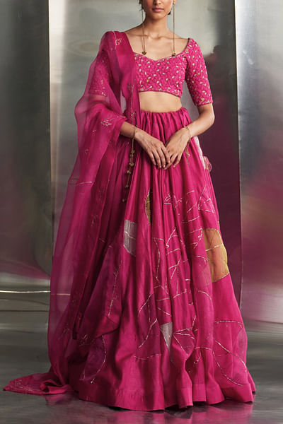 Pop pink leaf nakshi embroidered lehenga set