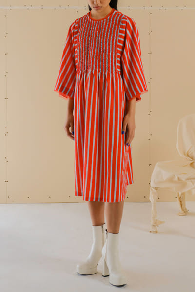 Poppy red and sky stripe printed smocked dress