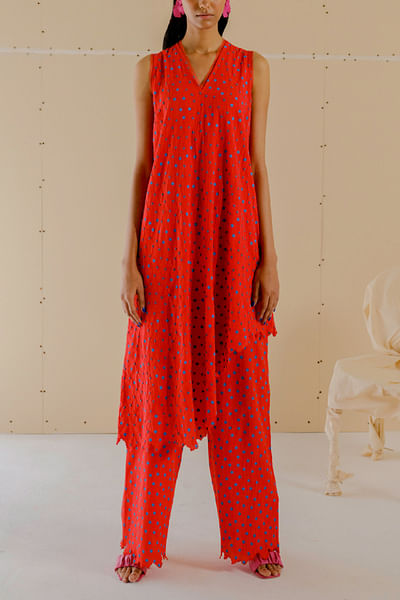 Poppy red polka dot printed asymmetric dress