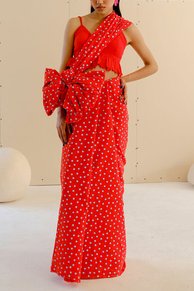 Poppy red polka dot printed sari