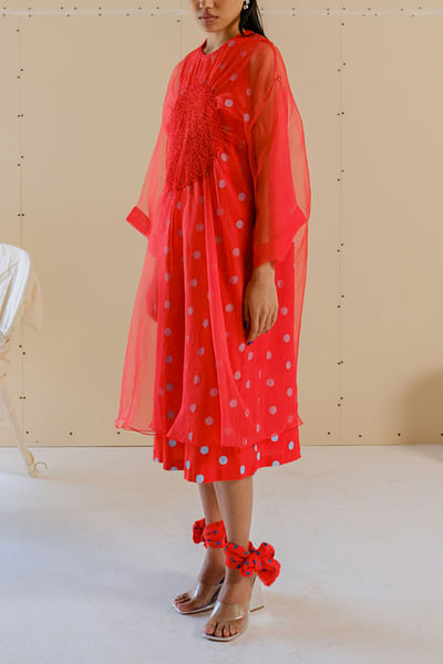 Poppy red polka print dress and smocked overlay