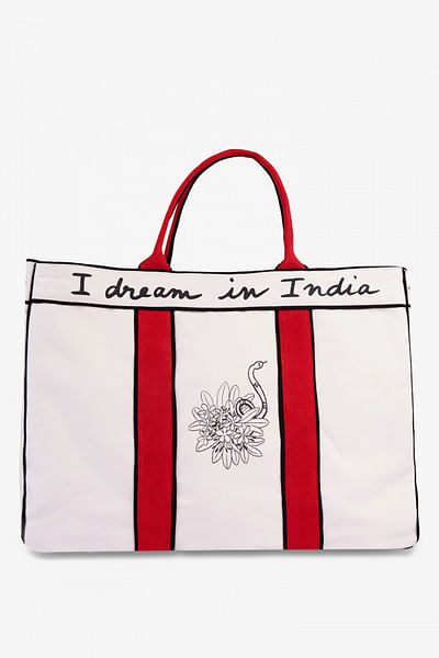 Poppy red snake and Mughal printed tote bag