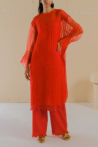 Poppy red stripe smocked dress