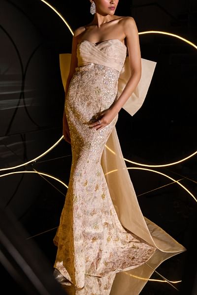 Poudre zodiac print embellished bow gown