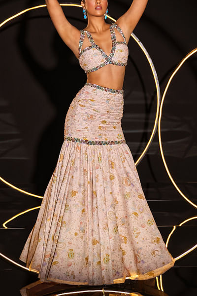 Poudre zodiac printed fish cut lehenga set
