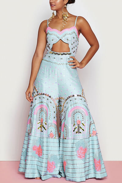 Powder blue doorway embroidered jumpsuit