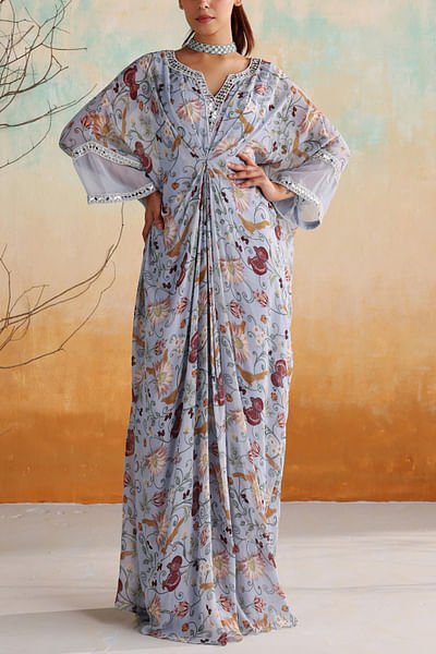 Powder blue draped printed kaftan