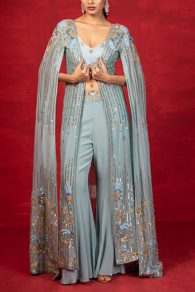 Powder blue embellished cape set