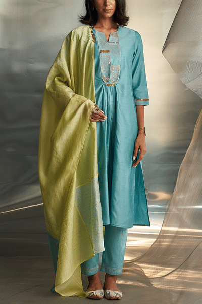 Powder blue embroidered gathered kurta set